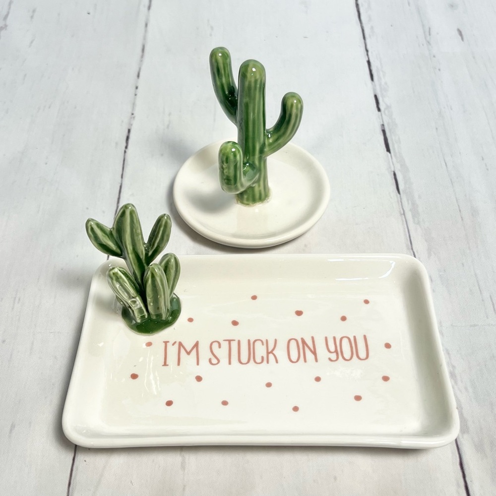 Two Jewelry Trinket Trays; Cactus, I’m stuck on you succulent garden theme